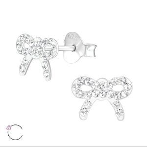 Girls Sterling Silver Clear Swarovski Bow Earrings